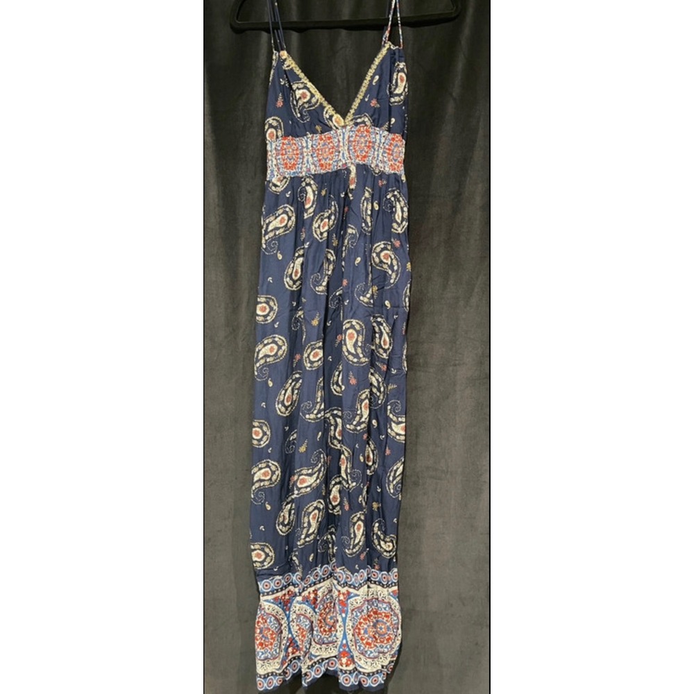 Ganji LA Navy Paisley Boho Smocked Empire Waist Maxi Dress Medium